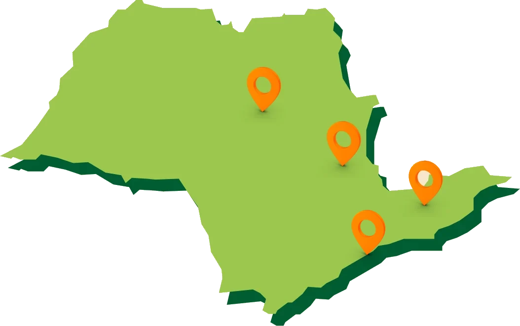 Mapa de São Paulo com as unidades de Matão, Araras, Santos e Catanduva